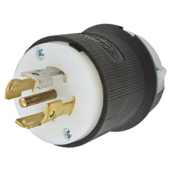 Locking Devices, Twist-Lock, Industrial, Male Insulgrip Plug, 30A 3-Phase 120/208V AC, 4-Pole 5-Wire Grounding, L21-30P, Spring Terminal, Black and White Nylon.