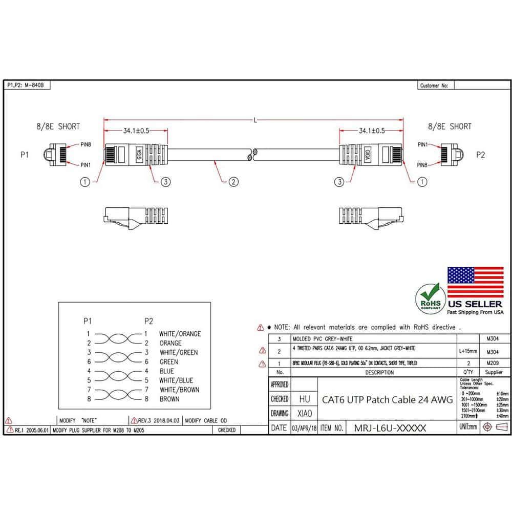 Brand: CompuCablePlusUSA / Part #: MRJ-L6U-01GRE10