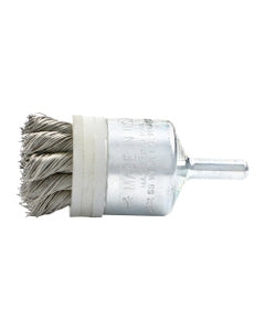 1 1/8″ Diameter × 1/4″ Shank Diameter × 7/8″ Trim Length, 0.014″ Crimped Bristle, Stainless Steel, Knotted End-Banded Brush