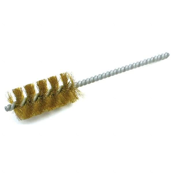 Brush Research Mfg. - 9/16" Diam Helical Brass Tube Brush - Single Spiral, 0.005" Filament Diam, 1-1/2" Brush Length, 5" OAL, 0.19" Diam Galvanized Steel Shank - Industrial Tool & Supply