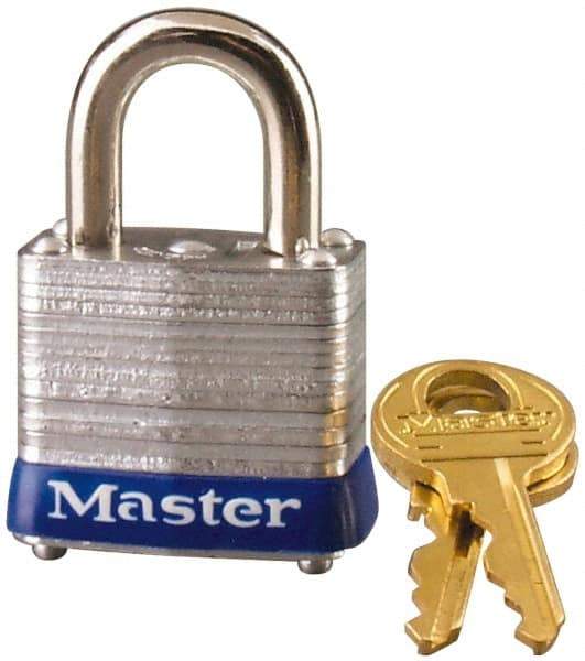 Master Lock - 9/16" Shackle Clearance, Keyed Alike General Security Padlock - 3/16" Shackle Diam, Laminated Steel - Industrial Tool & Supply
