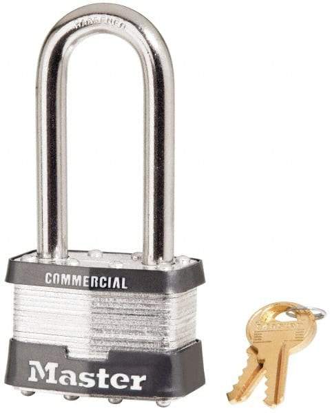 Master Lock - 2-1/2" Shackle Clearance, Keyed Different Padlock - 15/16" Shackle Width, 3/8" Shackle Diam, Laminated Steel - Industrial Tool & Supply