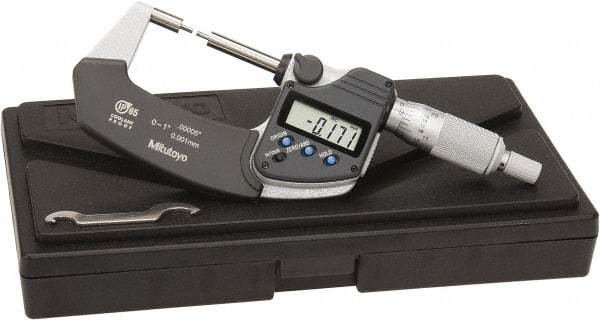 Mitutoyo - 1 Inch, 32mm Throat Depth, Electronic Spline Micrometer - Accurate Up to 0.0001 Inch, 1/4 Inch Spindle Diameter, 0.18mm Head Diameter, Ratchet Stop Thimble, Data Output - Industrial Tool & Supply