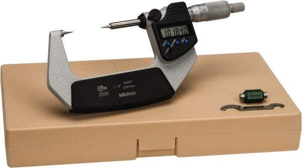 Mitutoyo - 1 to 2 Inch, 32mm Throat Depth, Ratchet Stop, Electronic Point Micrometer - Accurate Up to 0.0001 Inch, 0.3937 Inch Point Length, 15° Point Angle, 18mm Head Diameter - Industrial Tool & Supply