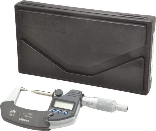 Mitutoyo - 1 Inch, 32mm Throat Depth, Ratchet Stop, Electronic Point Micrometer - Accurate Up to 0.0001 Inch, 0.3937 Inch Point Length, 30° Point Angle, 18mm Head Diameter - Industrial Tool & Supply