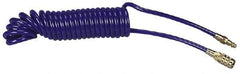 Coilhose Pneumatics - 1/4" ID, 1/4 Thread, 15' Long, Blue Polyurethane Coiled & Self Storing Hose - 125 Max psi, Industrial Interchange Coupler x Plug - Industrial Tool & Supply