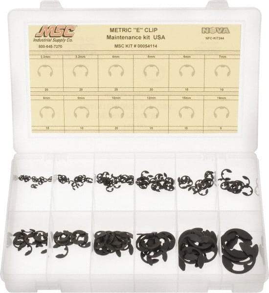 Made in USA - 190 Piece, M2.3 to M19, Steel, E Style External Retaining Ring Assortment - Includes Compartmented Case, Specification Labels - Industrial Tool & Supply