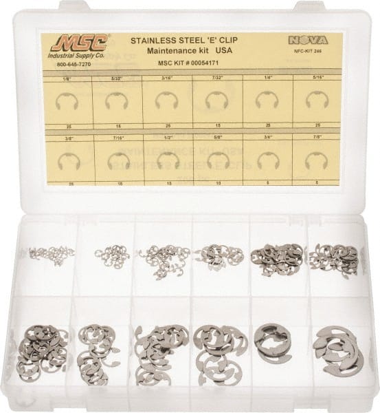 Made in USA - 206 Piece, 1/8 to 7/8", Stainless Steel, E Style External Retaining Ring Assortment - Industrial Tool & Supply