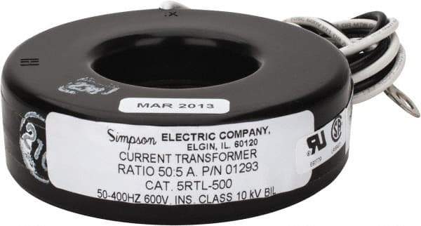 Simpson Electric - 2 VA Burden, 50 Amp AC Input, 5 Amp AC Output, 50 to 400 Hz, Panel Meter Donut Current Transformer - Screw Terminal, For Use with AC Ammeter - Industrial Tool & Supply