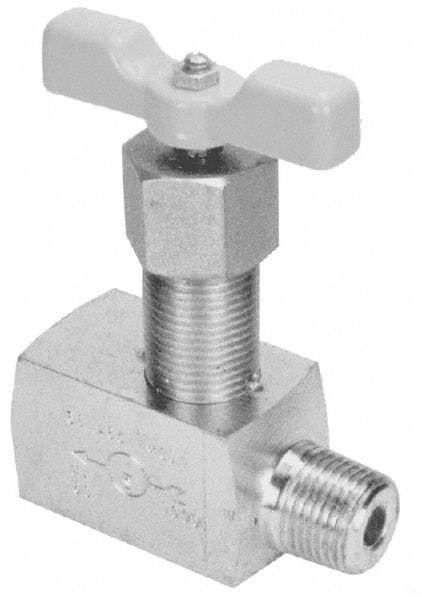 Made in USA - 1/4" Pipe, Angled Hard Seat Needle Valve - MNPT x FNPT Ends, Alloy Valve, 10,000 Max psi - Industrial Tool & Supply