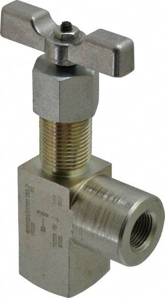 Made in USA - 3/8" Pipe, Angled Hard Seat Needle Valve - FNPT x FNPT Ends, Alloy Valve, 10,000 Max psi - Industrial Tool & Supply