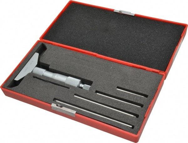 Value Collection - 0 to 4" Range, 4 Rod, Satin Chrome Finish Mechanical Depth Micrometer - Ball Thimble, 2-1/2" Base Length, 0.001" Graduation, 4.5mm Rod Diam - Industrial Tool & Supply