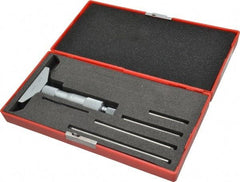 Value Collection - 0 to 4" Range, 4 Rod, Satin Chrome Finish Mechanical Depth Micrometer - Ball Thimble, 2-1/2" Base Length, 0.001" Graduation, 4.5mm Rod Diam - Industrial Tool & Supply