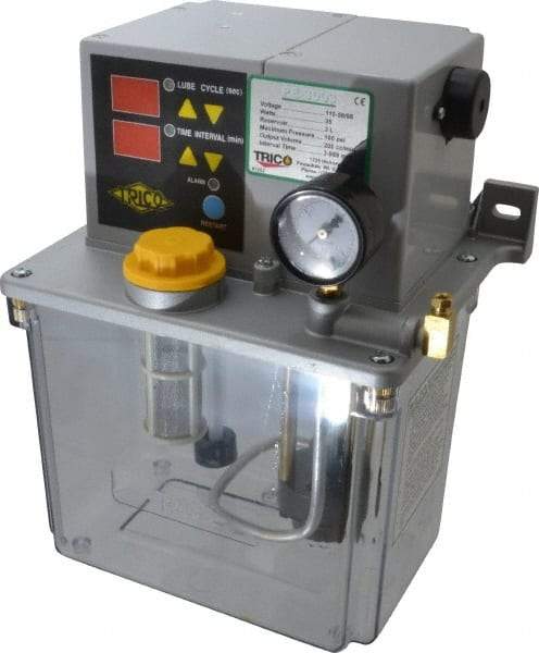Trico - 3 L Reservoir Capacity, 0.2 cm Output per Hour, Electric Central Lubrication System - 3-999 Min Interval Between Cycles, 170mm Wide x 255mm High, 110 Volts, Oil, 5/16-24 Outlet Thread - Industrial Tool & Supply