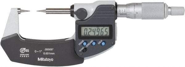 Mitutoyo - 1 Inch, 32mm Throat Depth, Ratchet Stop, Digital Point Micrometer - Accurate Up to 0.0001 Inch, 15° Point Angle - Industrial Tool & Supply