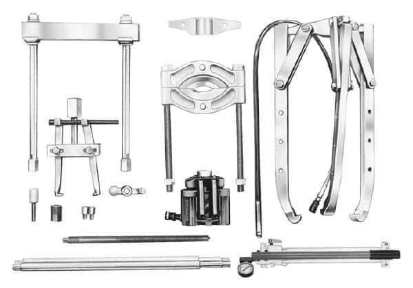 OTC - 17 Piece, 34" Spread, Hydraulic Puller Set - 3 Jaws, 19" OAL, 20-1/2" Reach - Industrial Tool & Supply