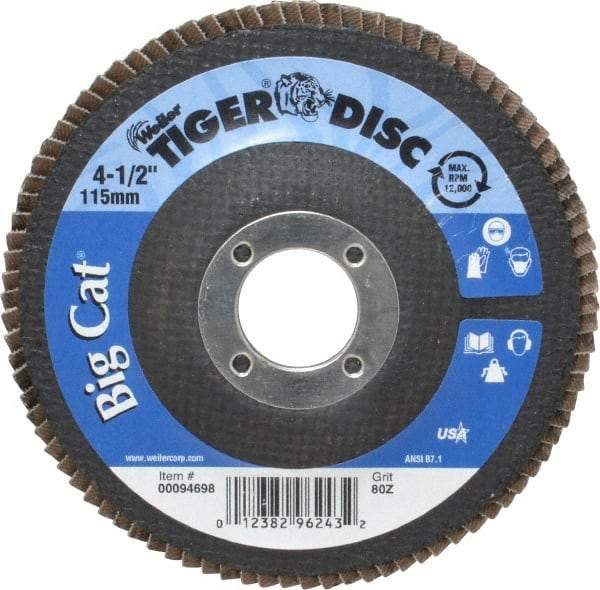 Weiler - 80 Grit, 4-1/2" Disc Diam, 7/8" Center Hole, Type 27 Zirconia Alumina Flap Disc - 12,000 Max RPM, Phenolic Backing, Arbor Attaching System, Coated - Industrial Tool & Supply