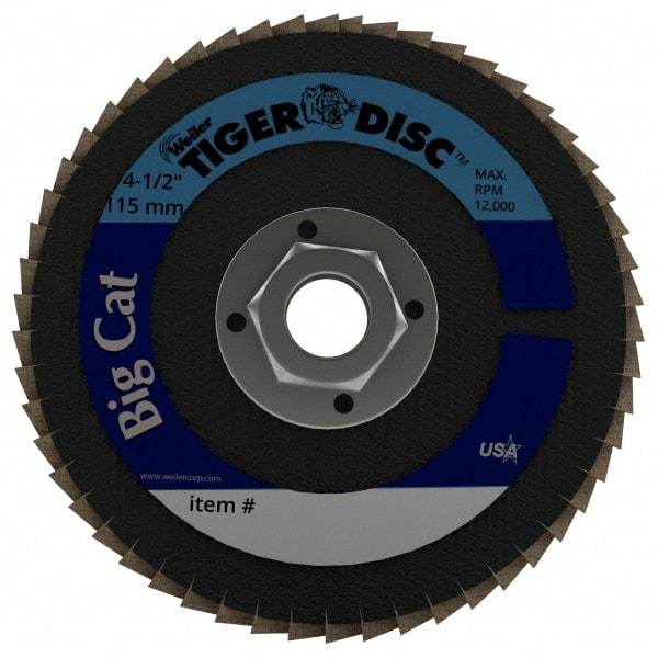 Weiler - 40 Grit, 4-1/2" Disc Diam, 5/8-11 Center Hole, Type 27 Zirconia Alumina Flap Disc - 12,000 Max RPM, Phenolic Backing, Arbor Attaching System, Coated - Industrial Tool & Supply