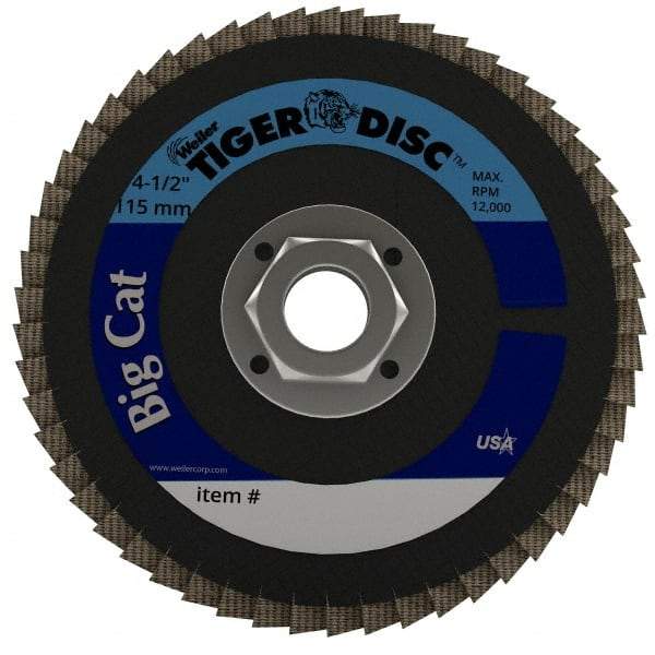 Weiler - 60 Grit, 4-1/2" Disc Diam, 5/8-11 Center Hole, Type 27 Zirconia Alumina Flap Disc - 12,000 Max RPM, Phenolic Backing, Arbor Attaching System, Coated - Industrial Tool & Supply