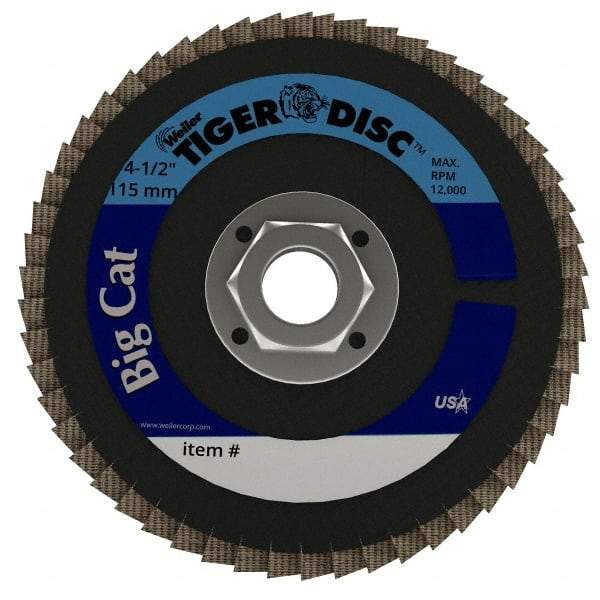 Weiler - 80 Grit, 4-1/2" Disc Diam, 5/8-11 Center Hole, Type 27 Zirconia Alumina Flap Disc - 12,000 Max RPM, Phenolic Backing, Arbor Attaching System, Coated - Industrial Tool & Supply