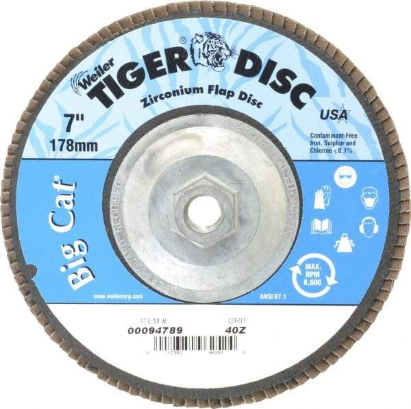 Weiler - 40 Grit, 7" Disc Diam, 5/8-11 Center Hole, Type 27 Zirconia Alumina Flap Disc - 8,600 Max RPM, Phenolic Backing, Arbor Attaching System, Coated - Industrial Tool & Supply