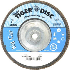 Weiler - 40 Grit, 7" Disc Diam, 5/8-11 Center Hole, Type 27 Zirconia Alumina Flap Disc - 8,600 Max RPM, Phenolic Backing, Arbor Attaching System, Coated - Industrial Tool & Supply