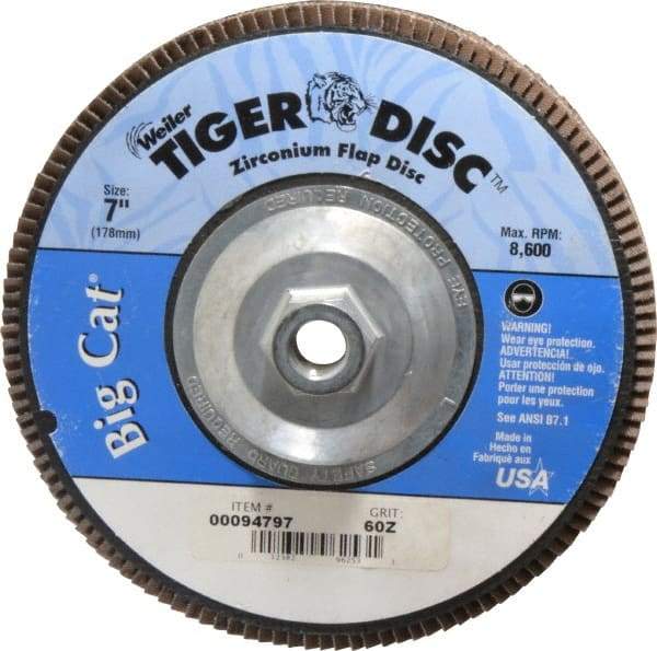 Weiler - 60 Grit, 7" Disc Diam, 5/8-11 Center Hole, Type 27 Zirconia Alumina Flap Disc - 8,600 Max RPM, Phenolic Backing, Arbor Attaching System, Coated - Industrial Tool & Supply