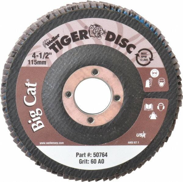 Weiler - 60 Grit, 4-1/2" Disc Diam, 7/8" Center Hole, Type 27 Aluminum Oxide Flap Disc - 12,000 Max RPM, Phenolic Backing, Arbor Attaching System, Coated - Industrial Tool & Supply