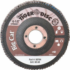 Weiler - 60 Grit, 4-1/2" Disc Diam, 7/8" Center Hole, Type 27 Aluminum Oxide Flap Disc - 12,000 Max RPM, Phenolic Backing, Arbor Attaching System, Coated - Industrial Tool & Supply