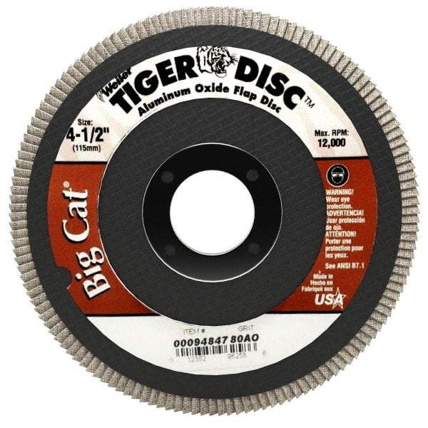 Weiler - 80 Grit, 4-1/2" Disc Diam, 7/8" Center Hole, Type 27 Aluminum Oxide Flap Disc - 12,000 Max RPM, Phenolic Backing, Arbor Attaching System, Coated - Industrial Tool & Supply