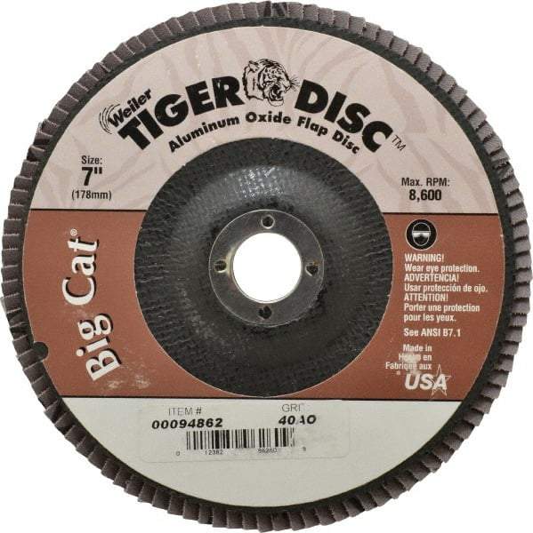 Weiler - 40 Grit, 7" Disc Diam, 7/8" Center Hole, Type 27 Aluminum Oxide Flap Disc - 8,600 Max RPM, Phenolic Backing, Arbor Attaching System, Coated - Industrial Tool & Supply