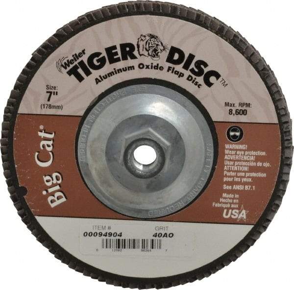 Weiler - 40 Grit, 7" Disc Diam, 5/8-11 Center Hole, Type 27 Aluminum Oxide Flap Disc - 8,600 Max RPM, Phenolic Backing, Arbor Attaching System, Coated - Industrial Tool & Supply