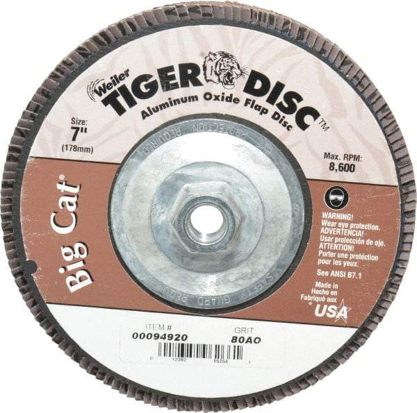 Weiler - 80 Grit, 7" Disc Diam, 5/8-11 Center Hole, Type 27 Aluminum Oxide Flap Disc - 8,600 Max RPM, Phenolic Backing, Arbor Attaching System, Coated - Industrial Tool & Supply