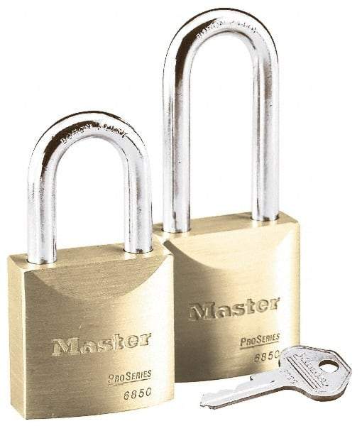 Master Lock - 1-3/16" Shackle Clearance, Keyed Different Pro Series Padlock - 29/32" Shackle Width, 5/16" Shackle Diam, Brass - Industrial Tool & Supply