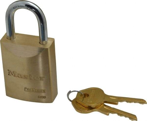 Master Lock - 1-1/16" Shackle Clearance, Keyed Different Pro Series Padlock - 25/32" Shackle Width, 1/4" Shackle Diam, Brass - Industrial Tool & Supply