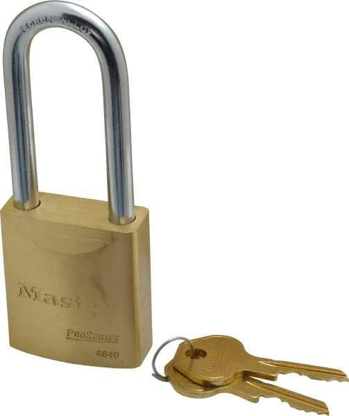 Master Lock - 2-7/16" Shackle Clearance, Keyed Different Pro Series Padlock - 29/32" Shackle Width, 5/16" Shackle Diam, Brass - Industrial Tool & Supply