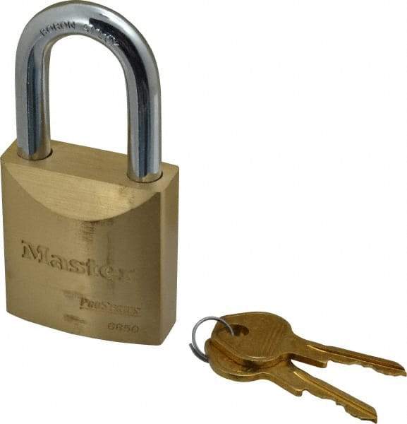 Master Lock - 1-1/2" Shackle Clearance, Keyed Different Pro Series Padlock - 29/32" Shackle Width, 3/8" Shackle Diam, Brass - Industrial Tool & Supply