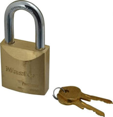 Master Lock - 1-1/2" Shackle Clearance, Keyed Different Pro Series Padlock - 29/32" Shackle Width, 3/8" Shackle Diam, Brass - Industrial Tool & Supply