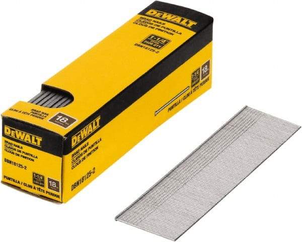 DeWALT - 18 Gauge 1-1/4" Long Finishing Nails for Power Nailers - Steel, Bright Finish, Smooth Shank, Straight Stick Collation, Brad Head, Chisel Point - Industrial Tool & Supply