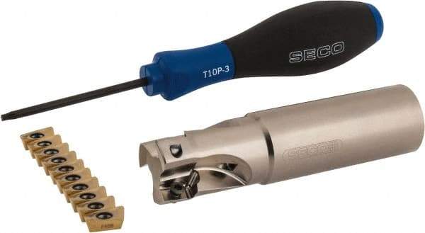 Seco - 1" Cut Diam, 0.433" Max Depth of Cut, 1" Shank Diam, 4" OAL, Indexable Square Shoulder End Mill - XO.X 1204 Inserts, Weldon Shank, 90° Lead Angle, Through Coolant, Series Super Turbo - Industrial Tool & Supply