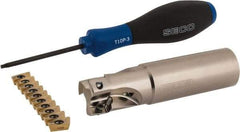 Seco - 1" Cut Diam, 0.433" Max Depth of Cut, 1" Shank Diam, 4" OAL, Indexable Square Shoulder End Mill - XO.X 1204 Inserts, Weldon Shank, 90° Lead Angle, Through Coolant, Series Super Turbo - Industrial Tool & Supply