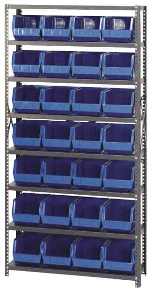 Quantum Storage - 12" Deep x 36" Wide x 75" High, Steel Open Hopper Storage Unit - 7/8 Shelves, 28 Blue Plastic Bins, 8-1/4" Bin Width x 7" Bin Height x 11" Bin Depth - Industrial Tool & Supply