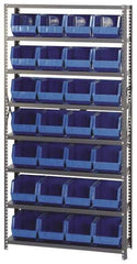 Quantum Storage - 12" Deep x 36" Wide x 75" High, Steel Open Hopper Storage Unit - 7/8 Shelves, 28 Blue Plastic Bins, 8-1/4" Bin Width x 7" Bin Height x 11" Bin Depth - Industrial Tool & Supply