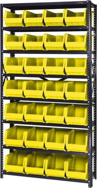 Quantum Storage - 12" Deep x 36" Wide x 75" High, Steel Open Hopper Storage Unit - 7/8 Shelves, 28 Yellow Plastic Bins, 8-1/4" Bin Width x 7" Bin Height x 14-3/4" Bin Depth - Industrial Tool & Supply