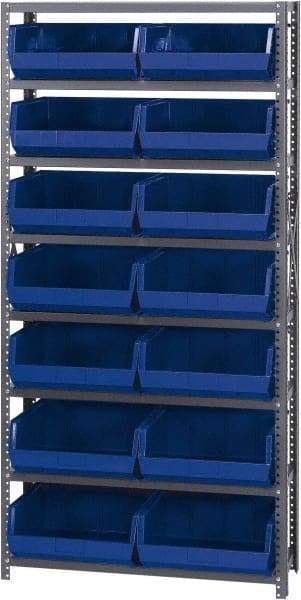 Quantum Storage - 12" Deep x 36" Wide x 75" High, Steel Open Hopper Storage Unit - 7/8 Shelves, 14 Blue Plastic Bins, 16-1/2" Bin Width x 7" Bin Height x 14-3/4" Bin Depth - Industrial Tool & Supply