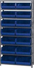 Quantum Storage - 12" Deep x 36" Wide x 75" High, Steel Open Hopper Storage Unit - 7/8 Shelves, 14 Blue Plastic Bins, 16-1/2" Bin Width x 7" Bin Height x 14-3/4" Bin Depth - Industrial Tool & Supply
