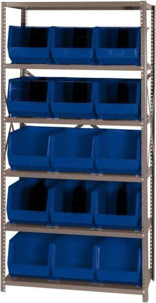 Quantum Storage - 18" Deep x 36" Wide x 75" High, Steel Open Hopper Storage Unit - 5/6 Shelves, 15 Blue Plastic Bins, 11" Bin Width x 10" Bin Height x 18" Bin Depth - Industrial Tool & Supply