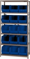 Quantum Storage - 18" Deep x 36" Wide x 75" High, Steel Open Hopper Storage Unit - 5/6 Shelves, 15 Blue Plastic Bins, 11" Bin Width x 10" Bin Height x 18" Bin Depth - Industrial Tool & Supply