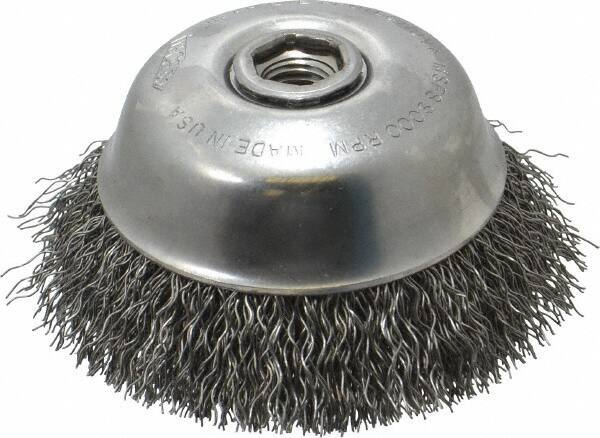 Osborn - 4" Diam, 5/8-11 Threaded Arbor, Steel Fill Cup Brush - 0.02 Wire Diam, 1-1/8" Trim Length, 9,000 Max RPM - Industrial Tool & Supply