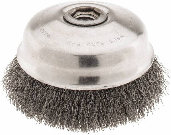 Osborn - 5" Diam, 5/8-11 Threaded Arbor, Steel Fill Cup Brush - 0.0118 Wire Diam, 1-1/2" Trim Length, 8,000 Max RPM - Industrial Tool & Supply